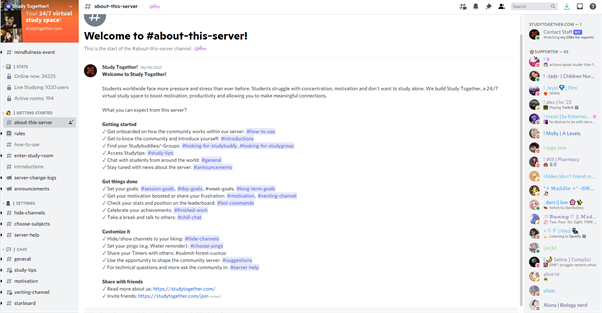 The "#about-this-server" page on the Study Together Discord server