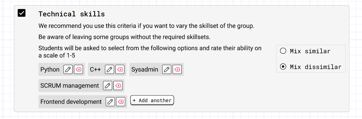 A UI in which the user has enabled mixing by technical skills, which reveals options to edit a list of technical skills. In the example, skills from computer engineering are shown, such as Python and C++