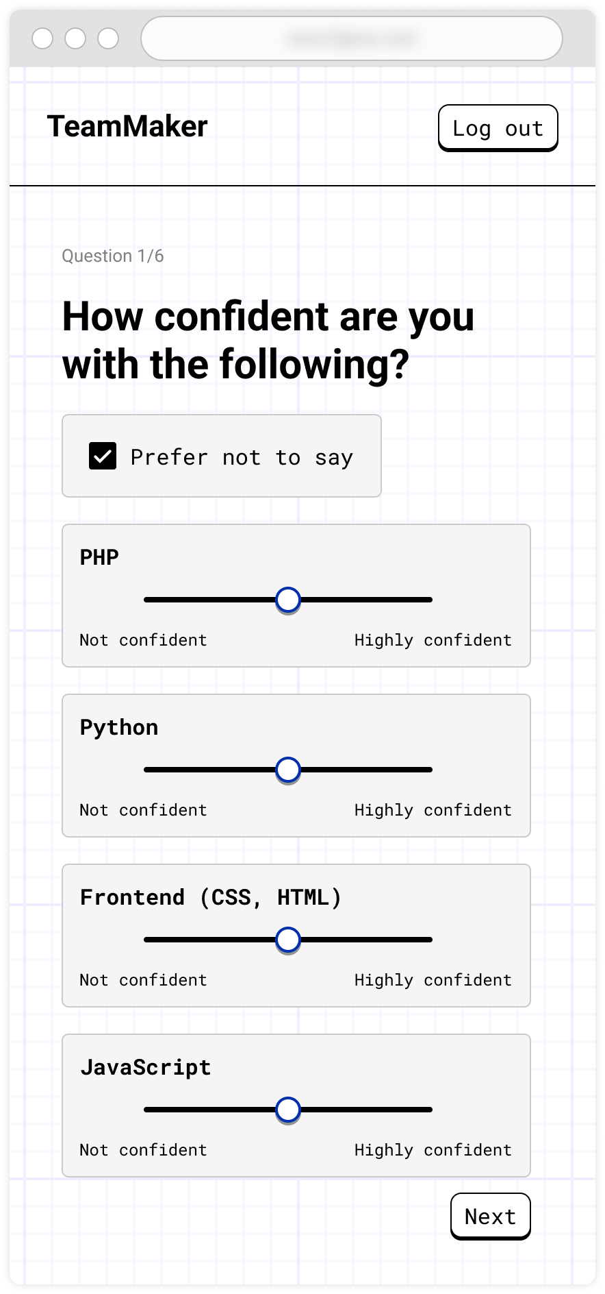 mobile webpage with sliders for users to indicate their confidence on a number of skills, in the example they are computer skills such as php and python